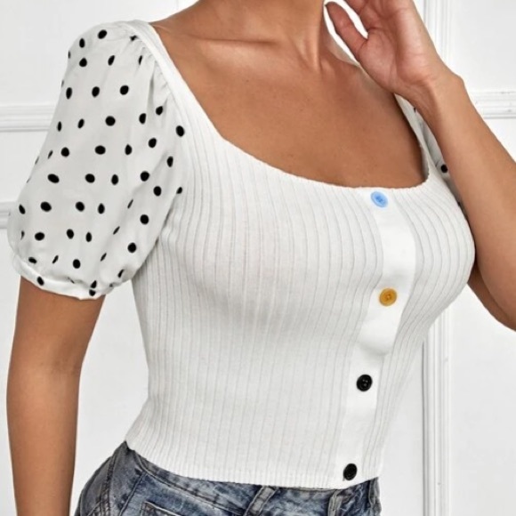 White Polka Dot Sleeves Knit Top in M - Picture 3 of 3